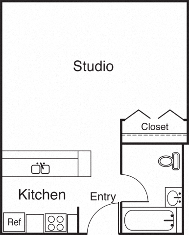 Floor plan for studio, 1 bath, 645 sqft